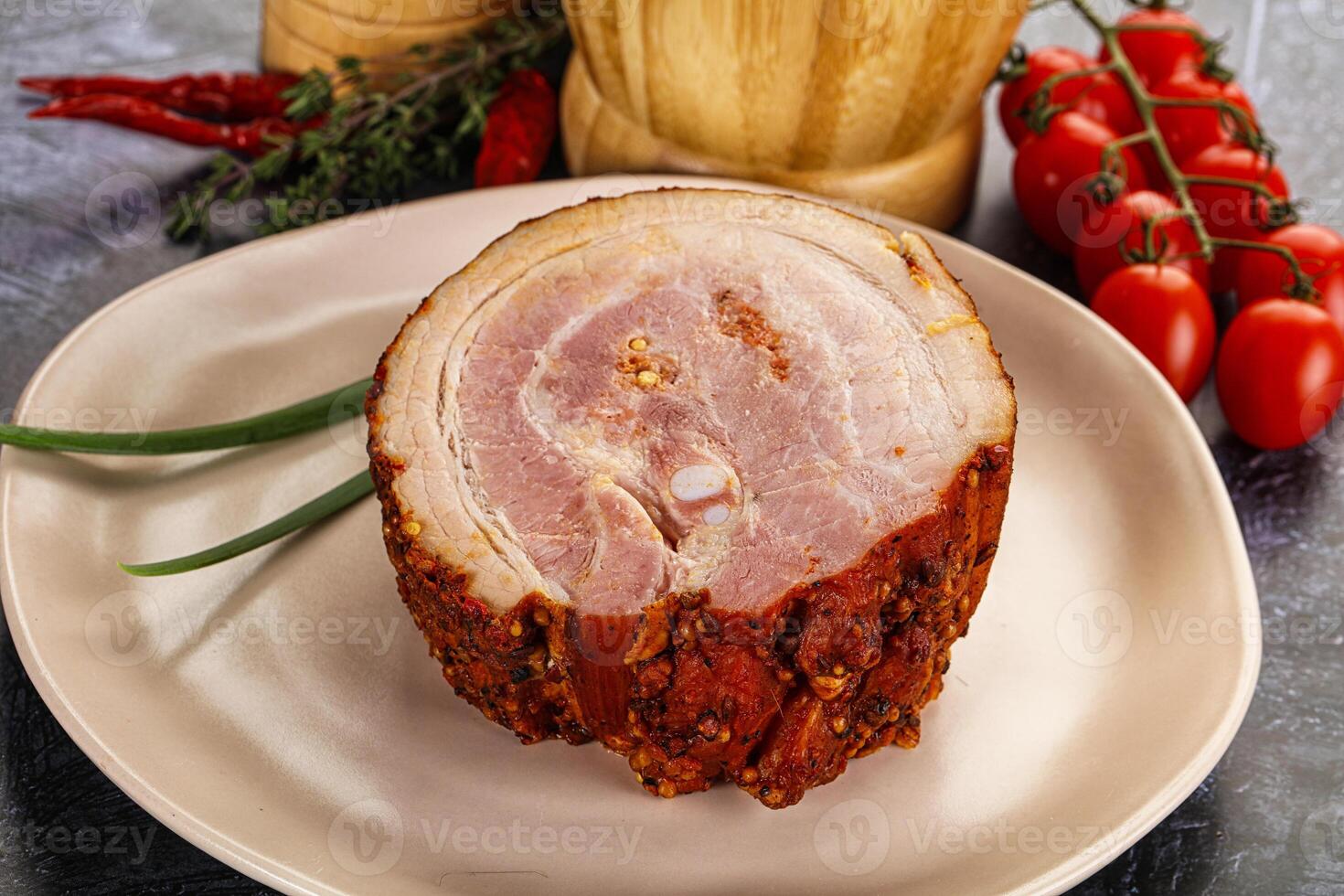 Tasty and fat smoked pork belly photo