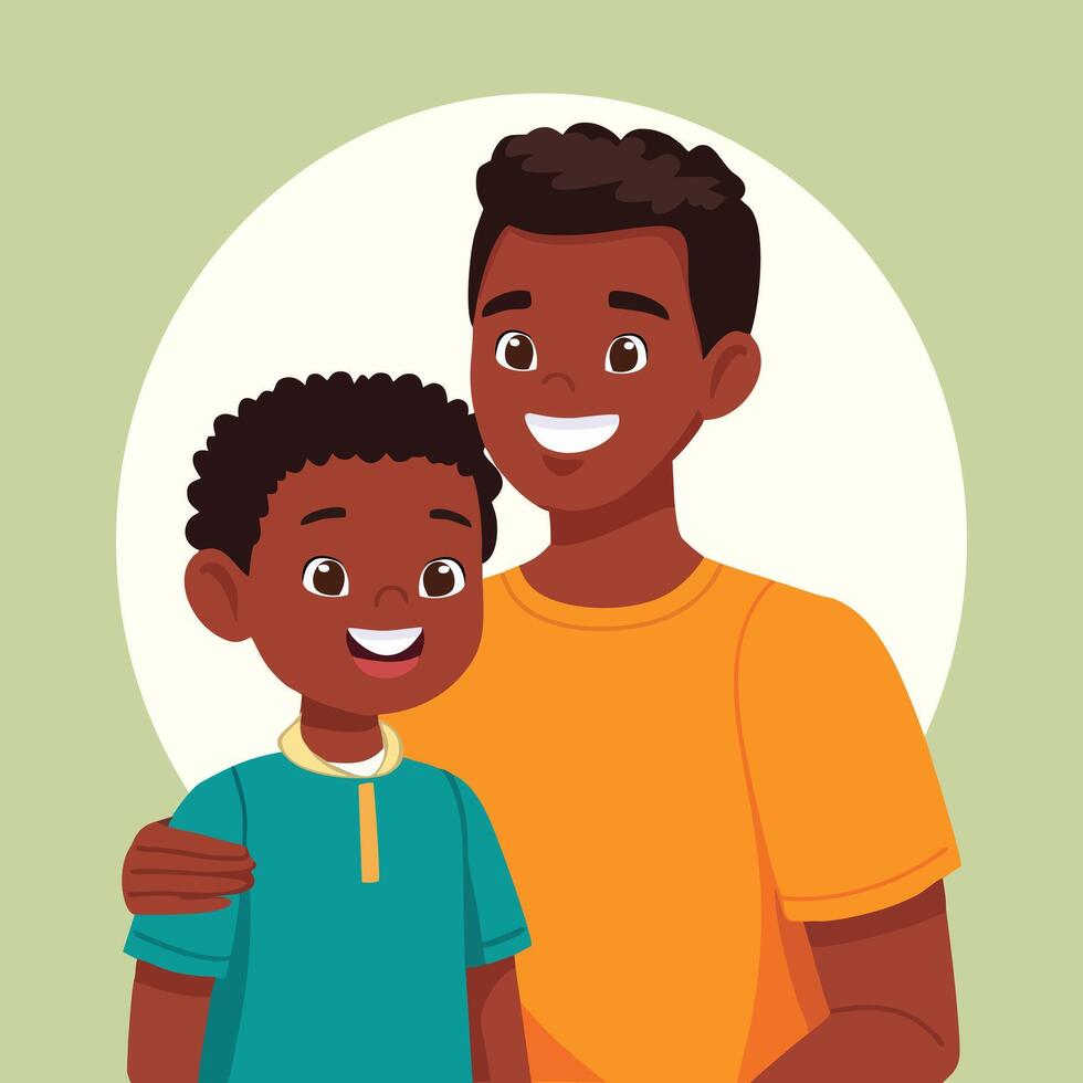 happy black boy and father with hug and green background happy boy and dad illustration design vector
