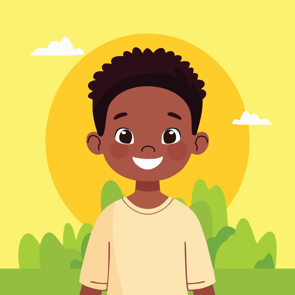 black boy with smile face and sun and tree background design and boy cartoon illustration design vector