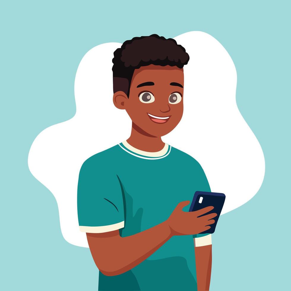 black happy black boy with mobile and blue background illustration design vector