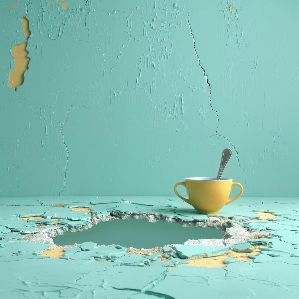 A Surreal Yellow Cup and Spoon in a Cracked Teal Setting, Radiating Creativity and Elegance photo