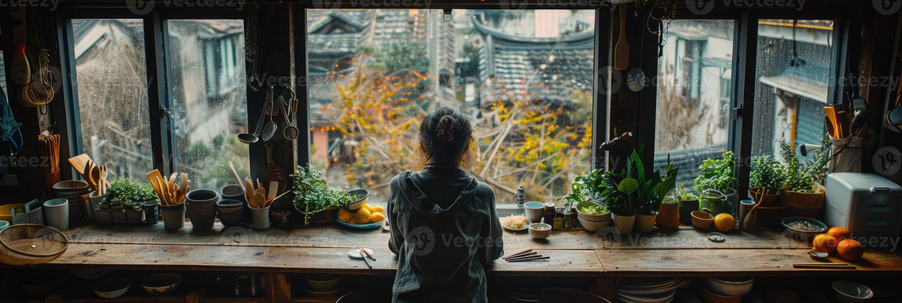 A woman is calmly standing in front of a large window looking out photo