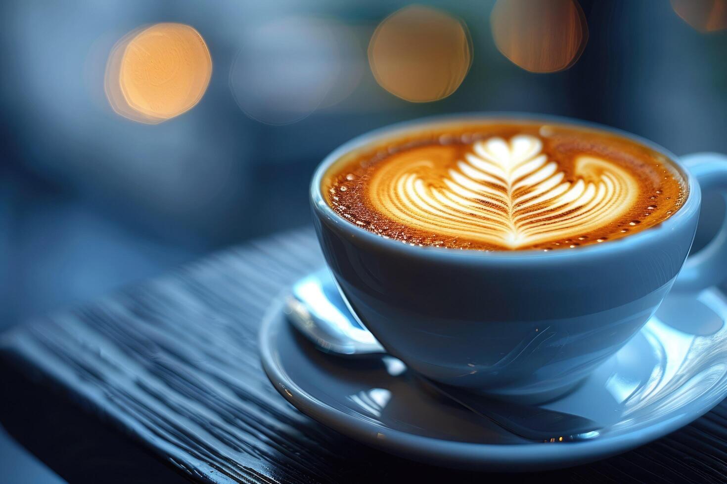A decorative coffee cup with a leaf design on the foam photo