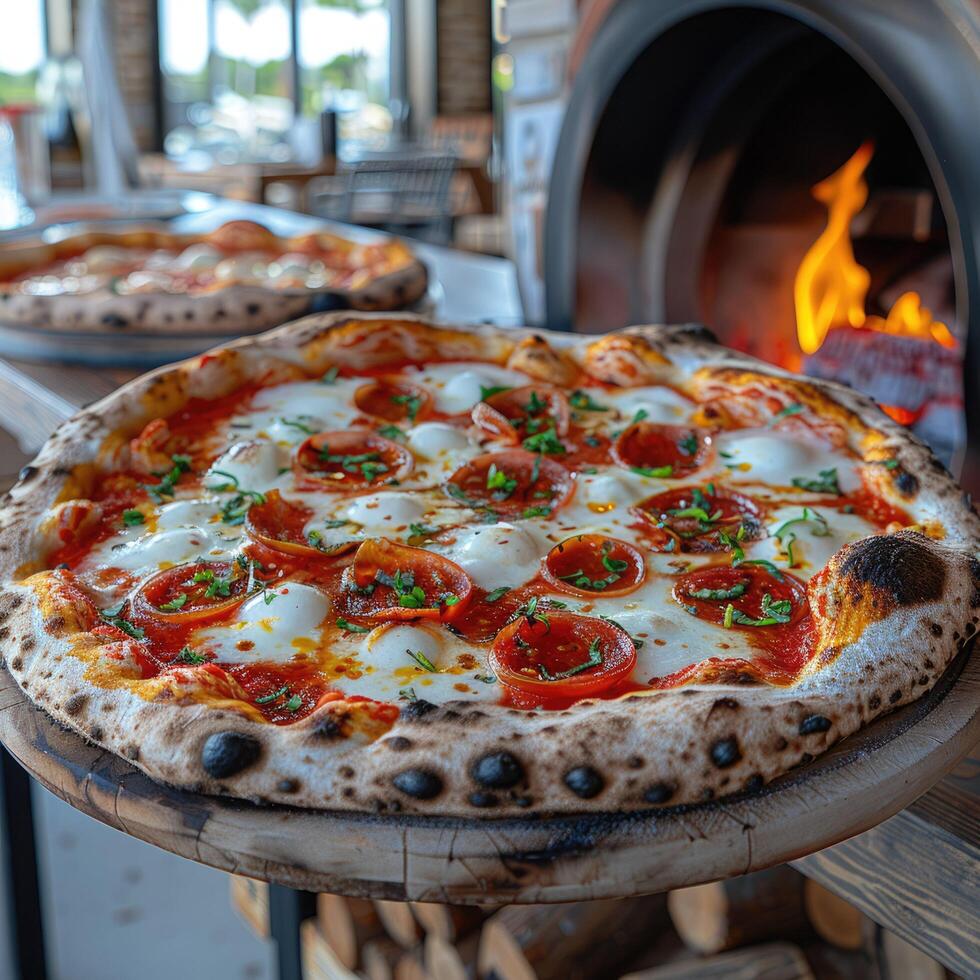 Enjoy a delicious and classic Margherita Pizza that is freshly baked to perfection and delightful photo