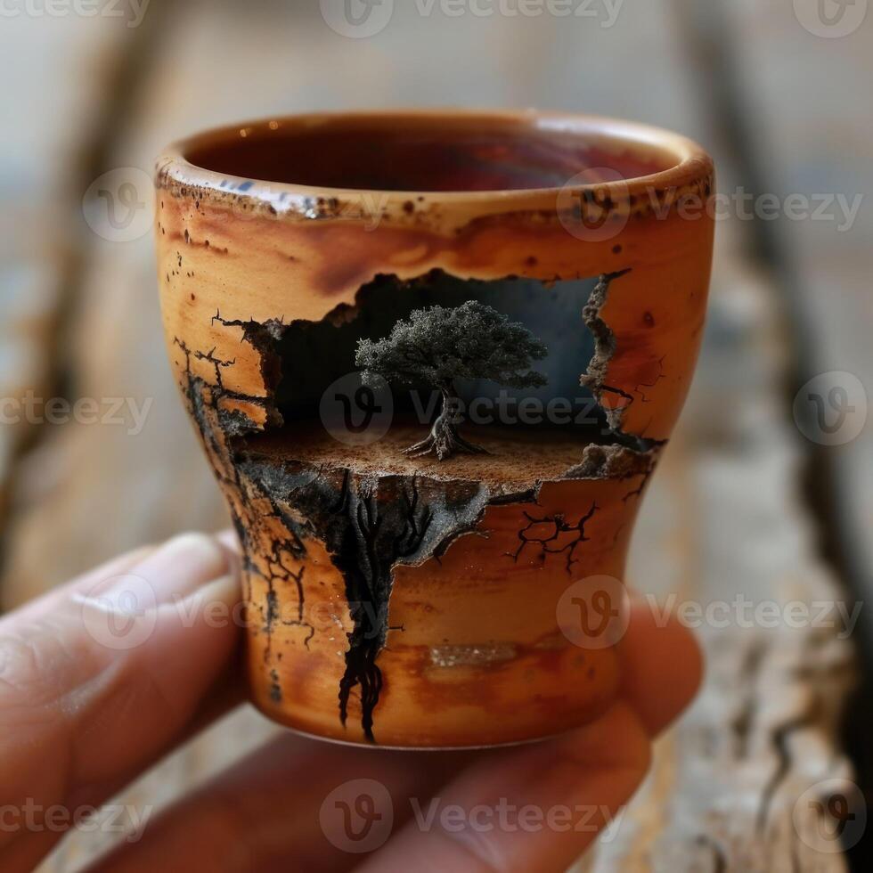 A person is carefully holding a small cup that contains a tree in it photo