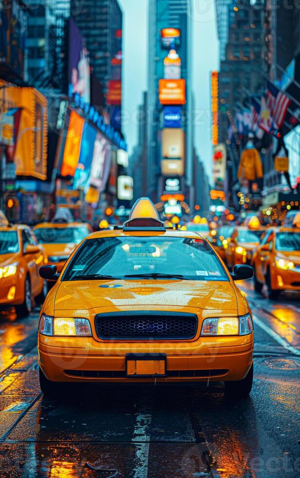 Yellow Taxi on Rainy Times Square Street at Night photo
