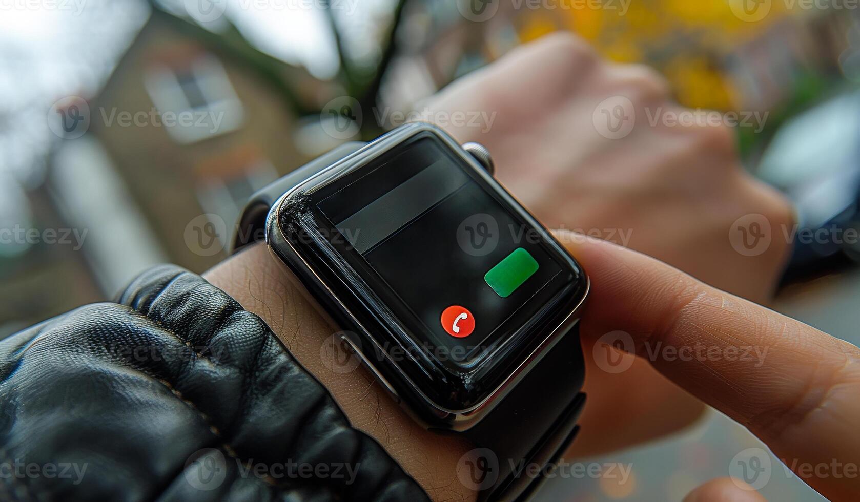 Receiving A Call On A Smartwatch In An Urban Setting photo