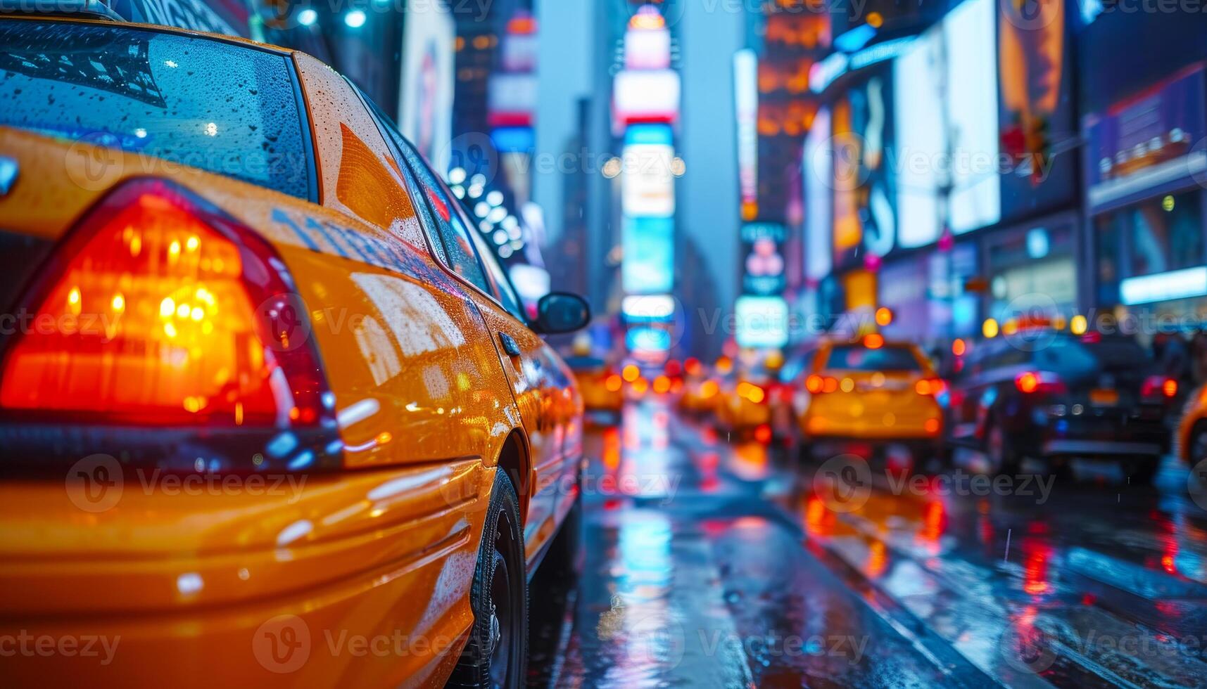 Yellow Taxis Reflecting on Rainy Times Square Streets at Night photo