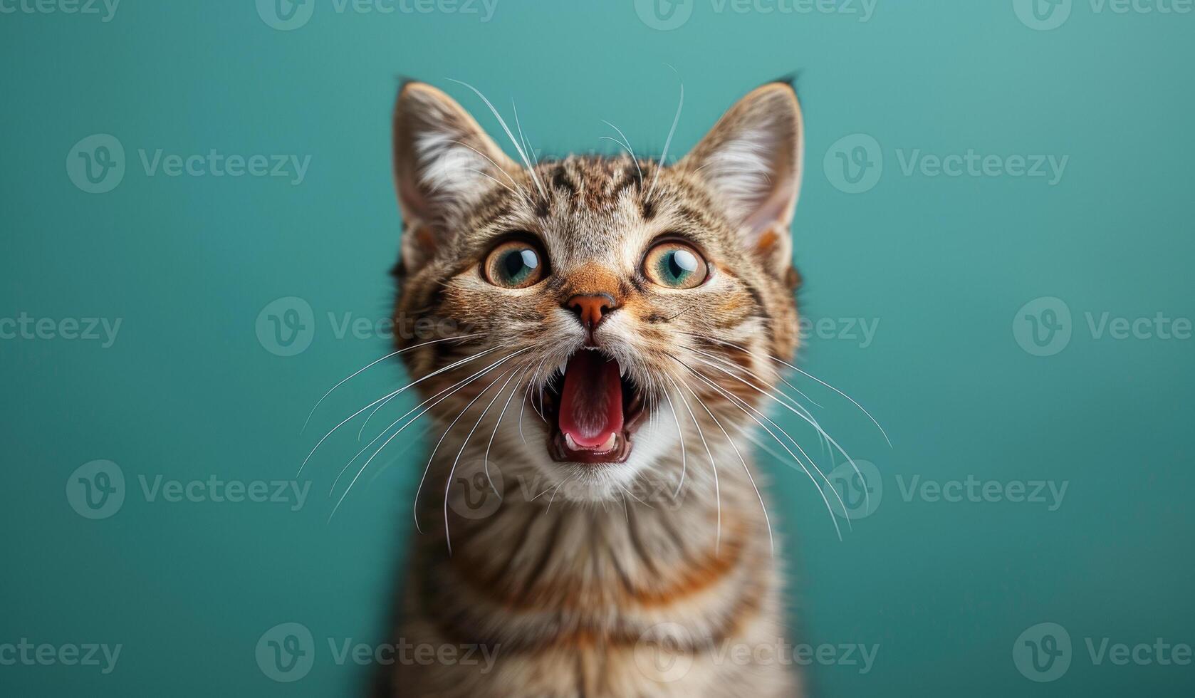 Playful Tabby Cat Yawning Against a Soft Teal Background. A curious tabby cat with wide eyes yawns playfully photo