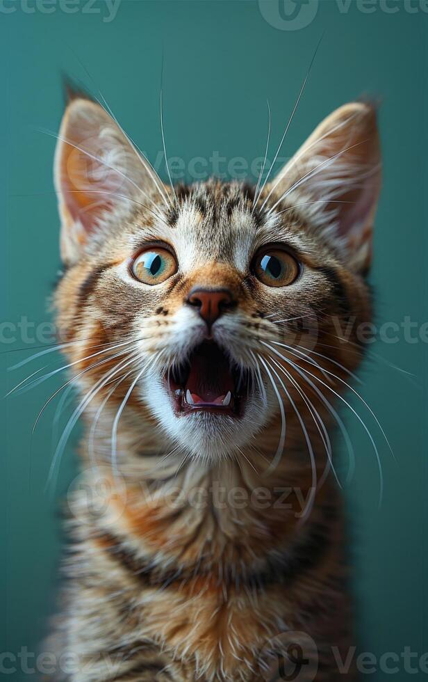 Excited Tabby Kitten With Open Mouth Against Green Background photo