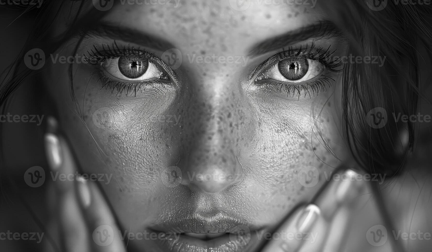 Close-Up of a Woman With Freckles and Intense Eyes in Soft Light photo