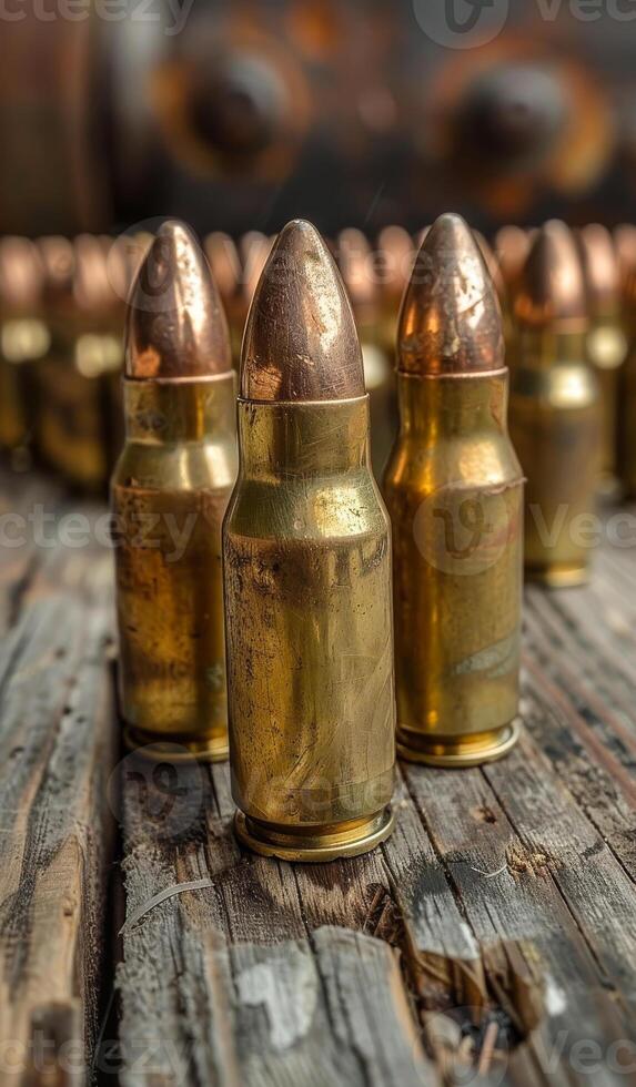 Close-Up of Bullets on Weathered Wood Background photo