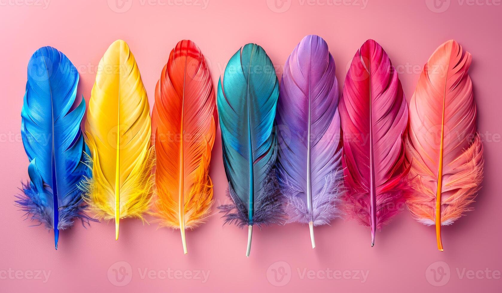 Colorful Feathers Arranged in a Line on a Pink Background. Vibrant feathers in rainbow colors are lined up against a soft pink backdrop photo