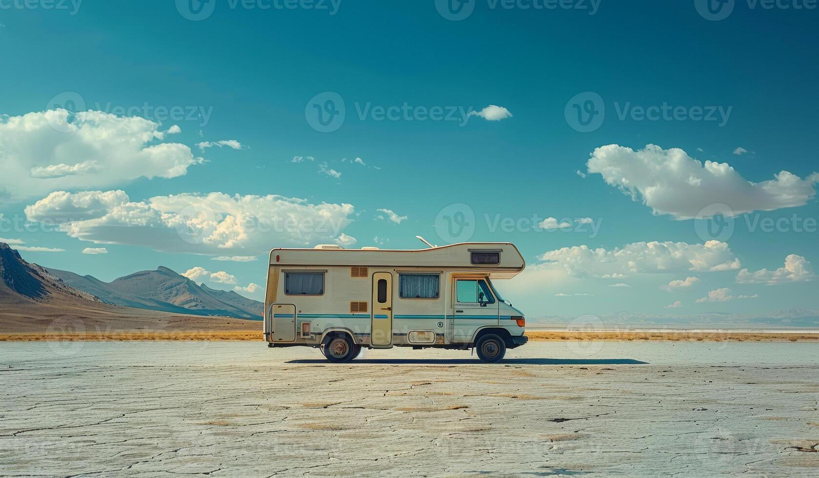 Classic RV Stationed on a Salt Flat Under Blue Sky and Clouds. A vintage recreational vehicle is parked on a vast salt flat photo