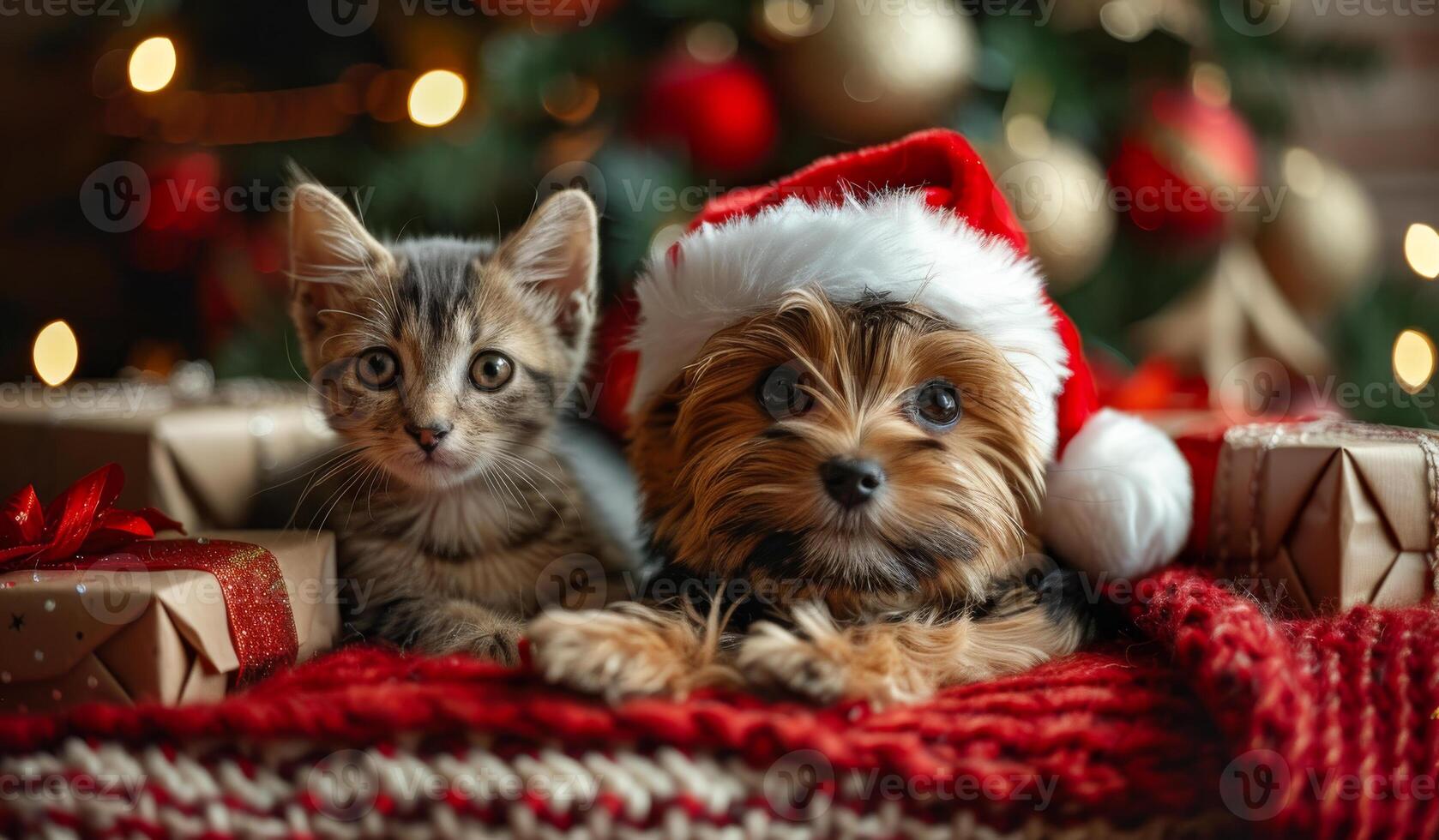 Cute Puppy and Kitten in Christmas Hats by a Decorated Tree photo