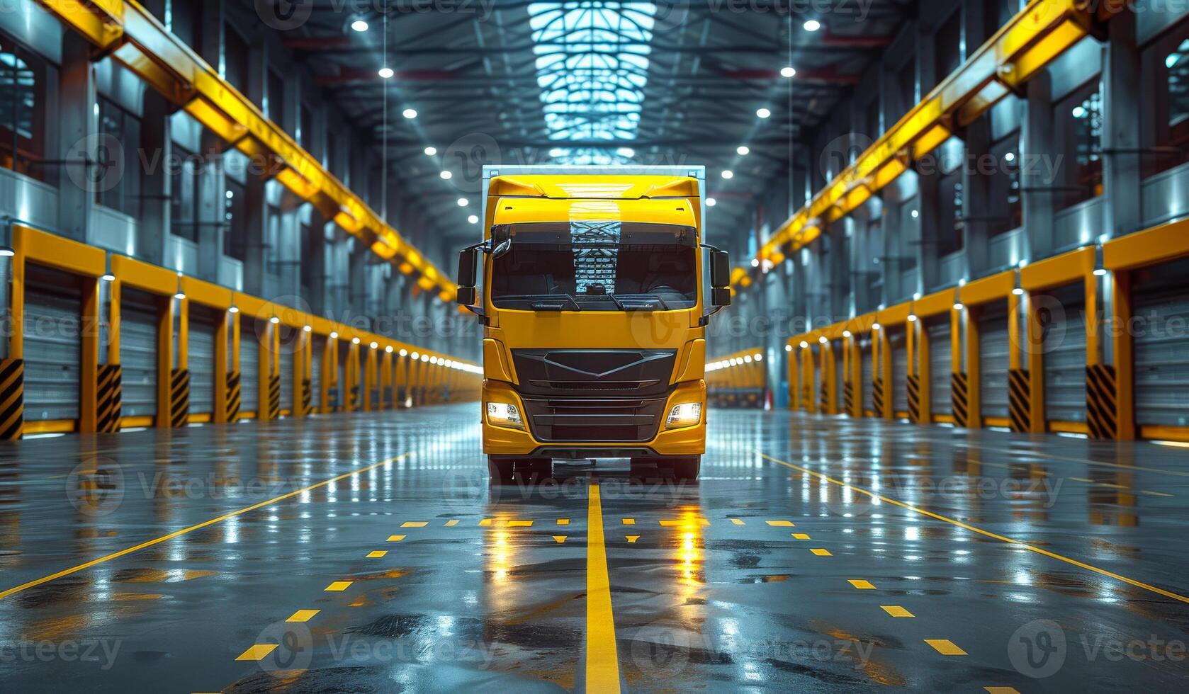 Yellow Truck Parked in Modern Warehouse With Bright Lighting. A yellow truck stands in a spacious photo