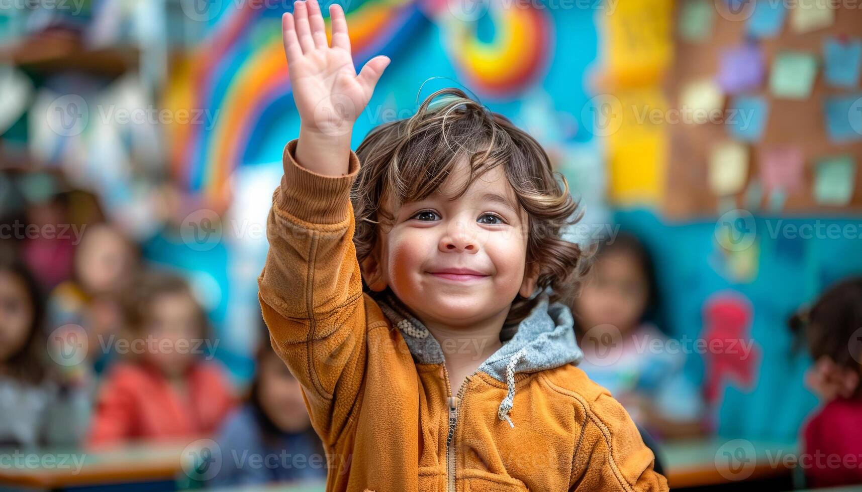 Young Boy Raising Hand in Colorful Classroom During Learning Activity photo