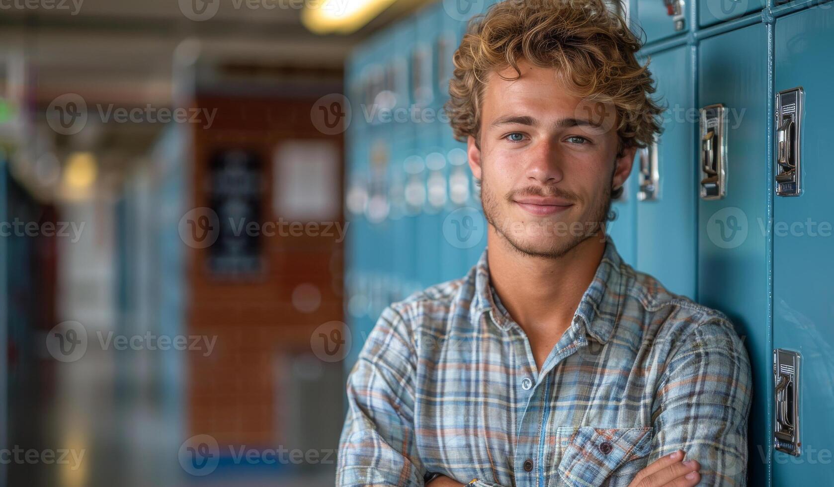 Young Man Smiling by School Lockers in Bright Hallway. A young man stands confidently with arms crossed photo