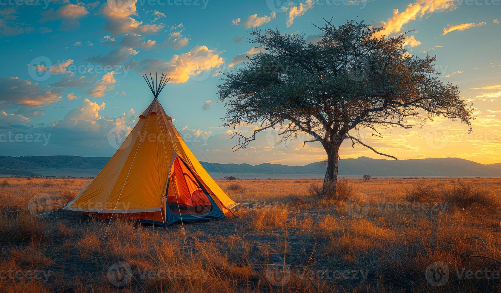 Sunset Over Yellow Tent Near Tree in a Golden Prairie Landscape photo