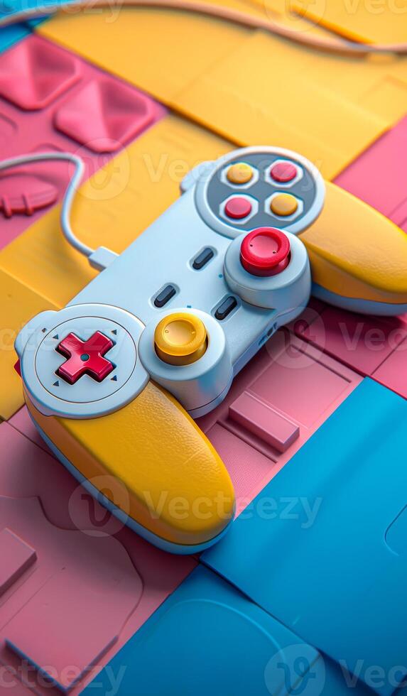 Retro Game Controller on Colorful Foam Mat. A classic game controller rests on a playful photo