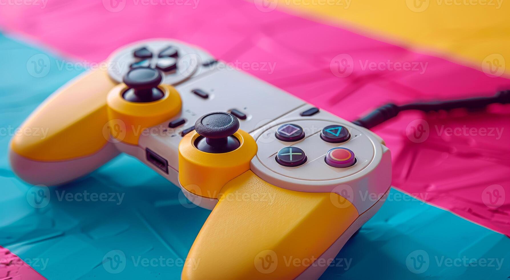 Colorful Game Controller on Bright Surface for Gaming Fun. A vibrant game controller rests on a colorful background photo