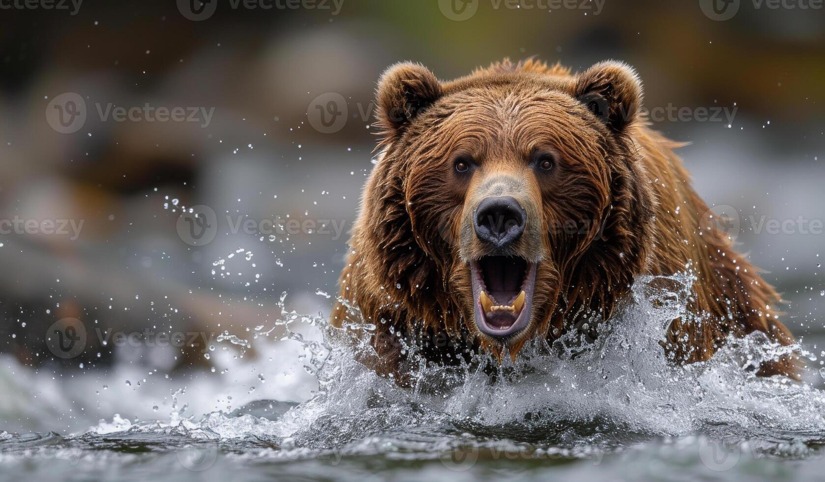 Grizzly Bear Hunting in Shallow Water During Daylight. A grizzly bear charges through shallow water photo