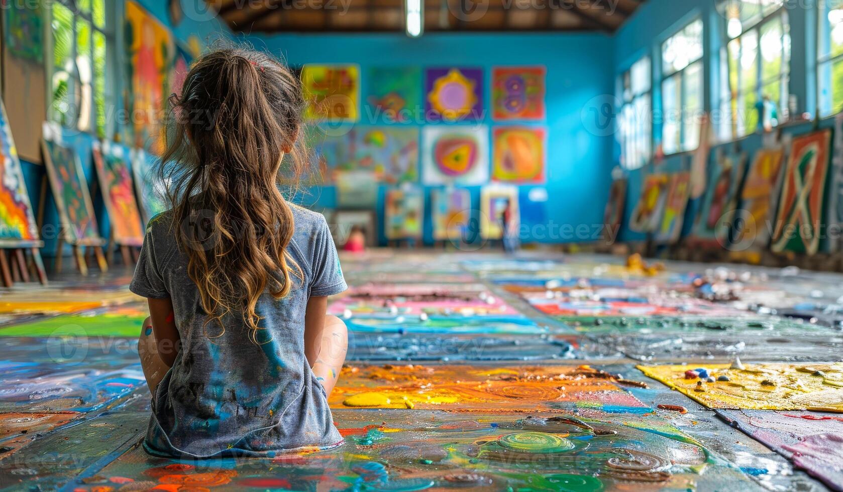 Child Enjoys Art Class in Colorful Studio With Creative Artwork. A child sits on the floor of an art studio photo