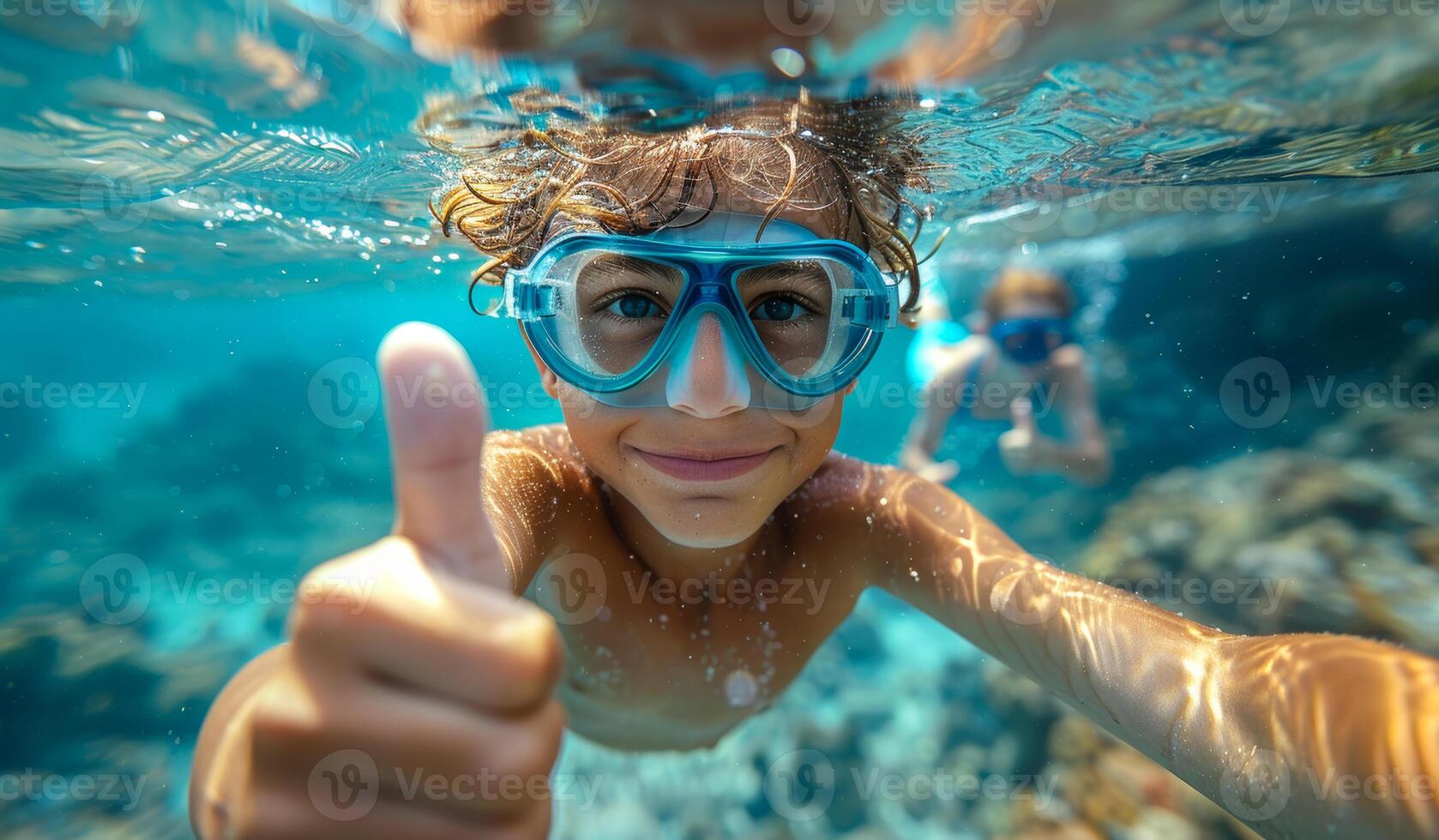 Boy Snorkeling With Goggles Giving Thumbs Up in Clear Water. A young boy enjoying snorkeling photo