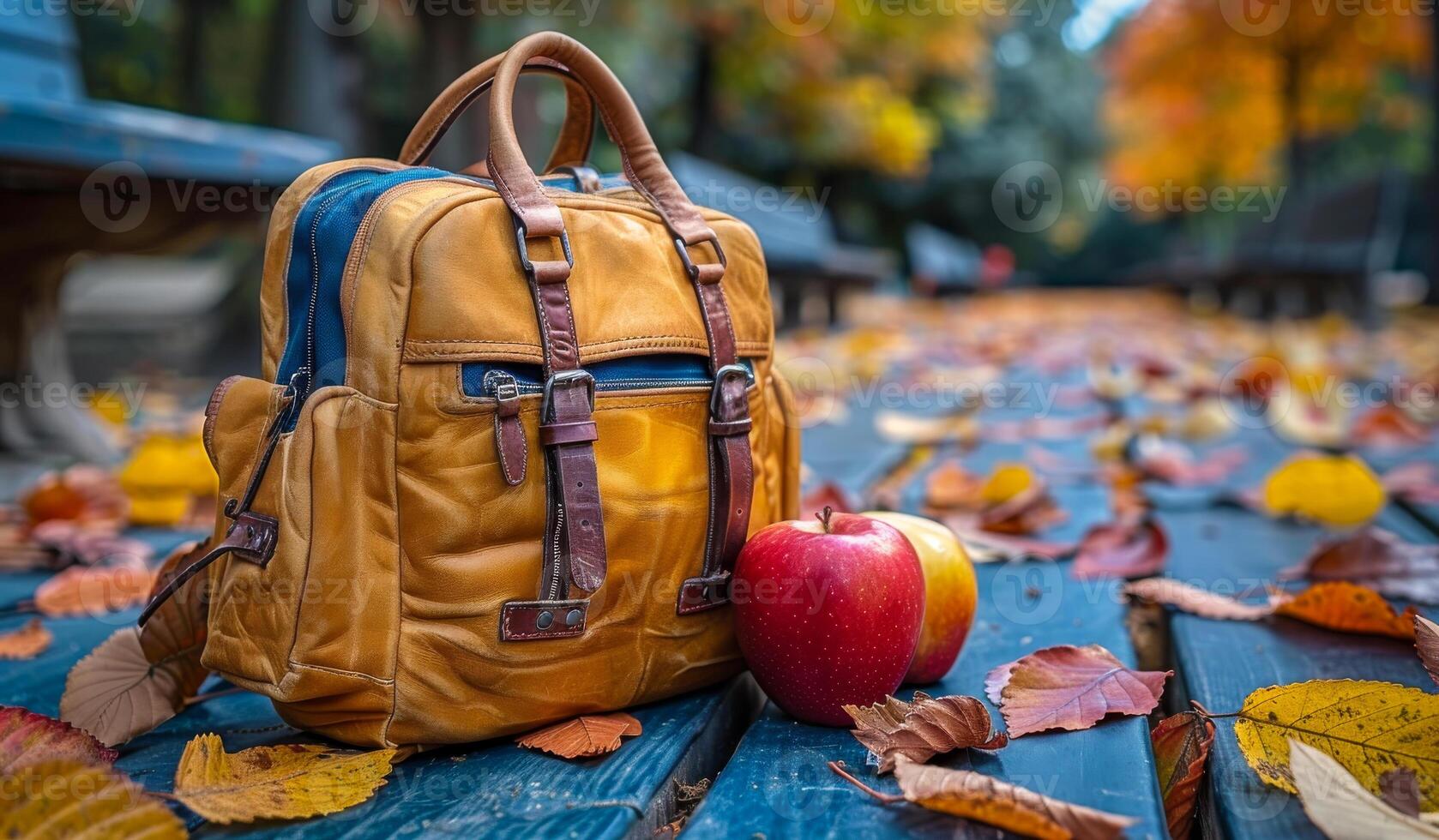 Autumn Scene With Backpack and Apple on Park Bench Path photo