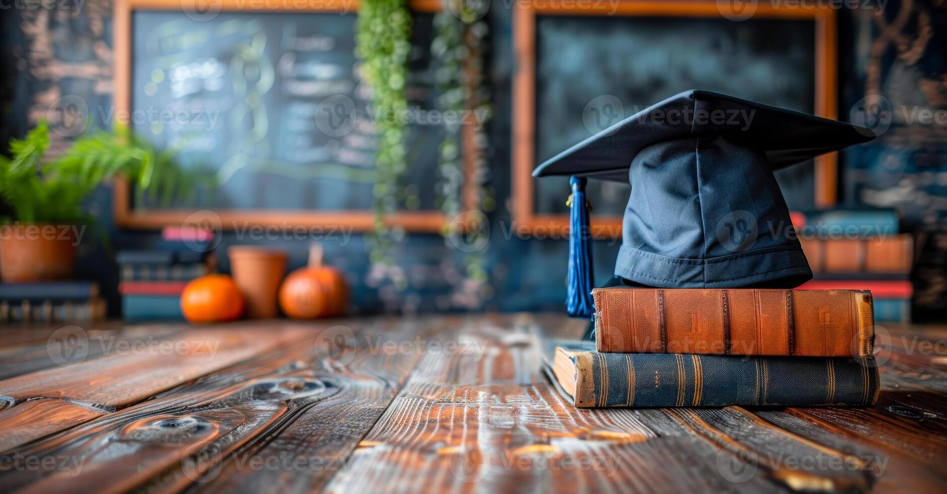 Graduation Cap on Vintage Books in Cozy Study Environment. A graduation cap rests atop stacked vintage books in a warm photo