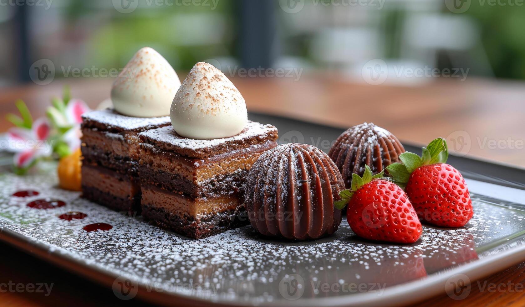A dessert plate with a chocolate cake, strawberries, and whipped cream. The plate is set on a wooden table photo