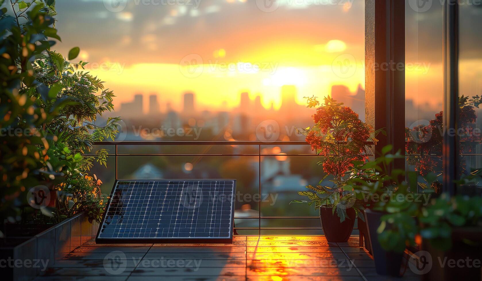 A solar panel is on a balcony overlooking a city. The sun is setting, casting a warm glow over the scene. photo