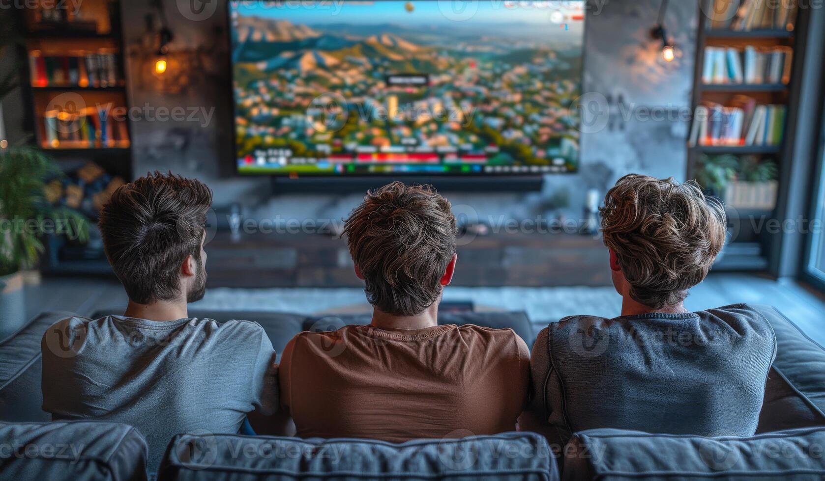 Three men are sitting on a couch in front of a television. They are watching a movie or a sports game photo
