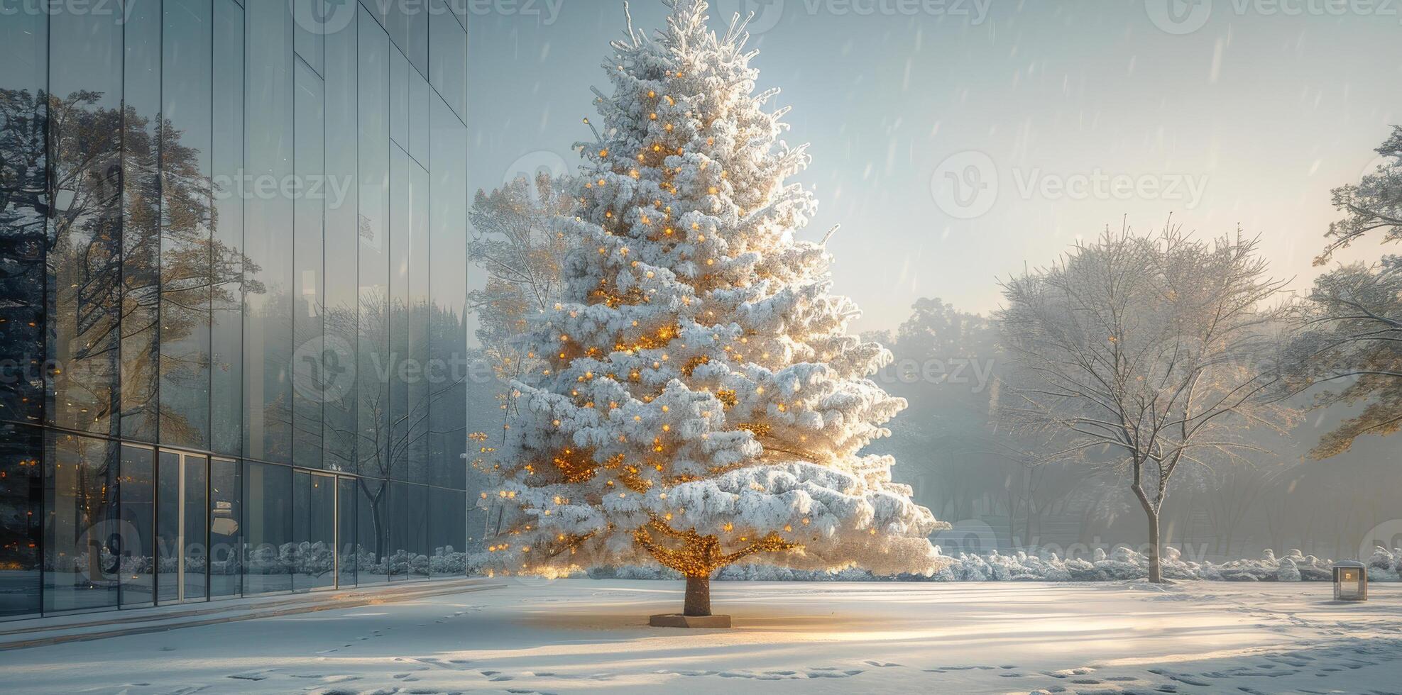 A large white tree with lights on it in a snowy field photo