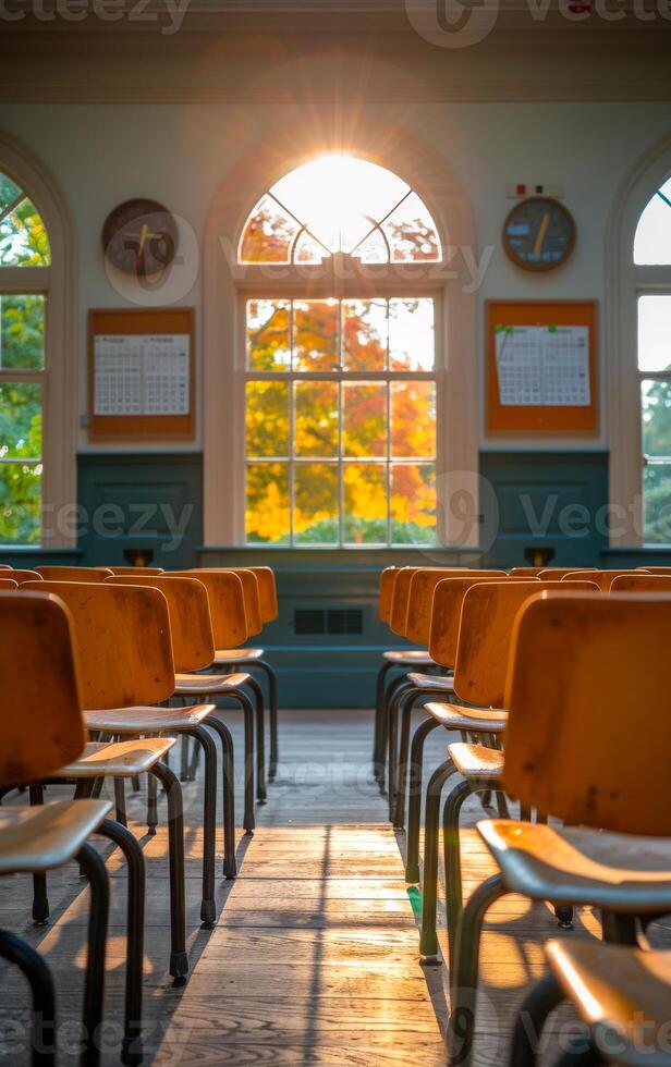 A classroom with many empty chairs and a clock on the wall. The room is empty and the sun is shining through the windows photo