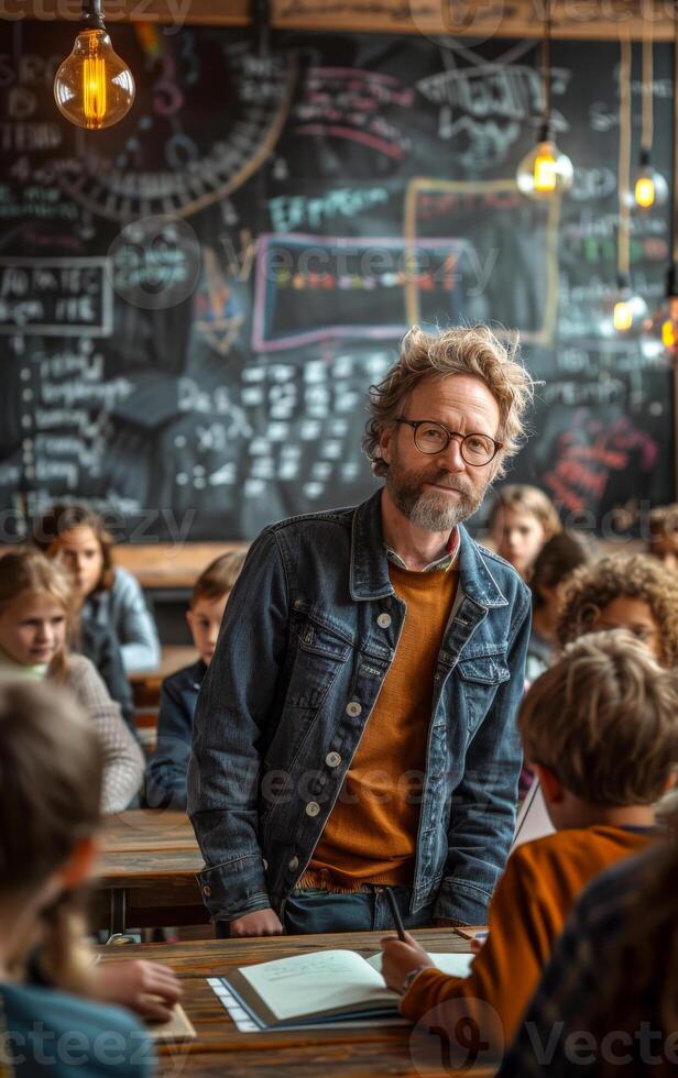 A man in a blue jacket is standing in front of a chalkboard with a group of children photo