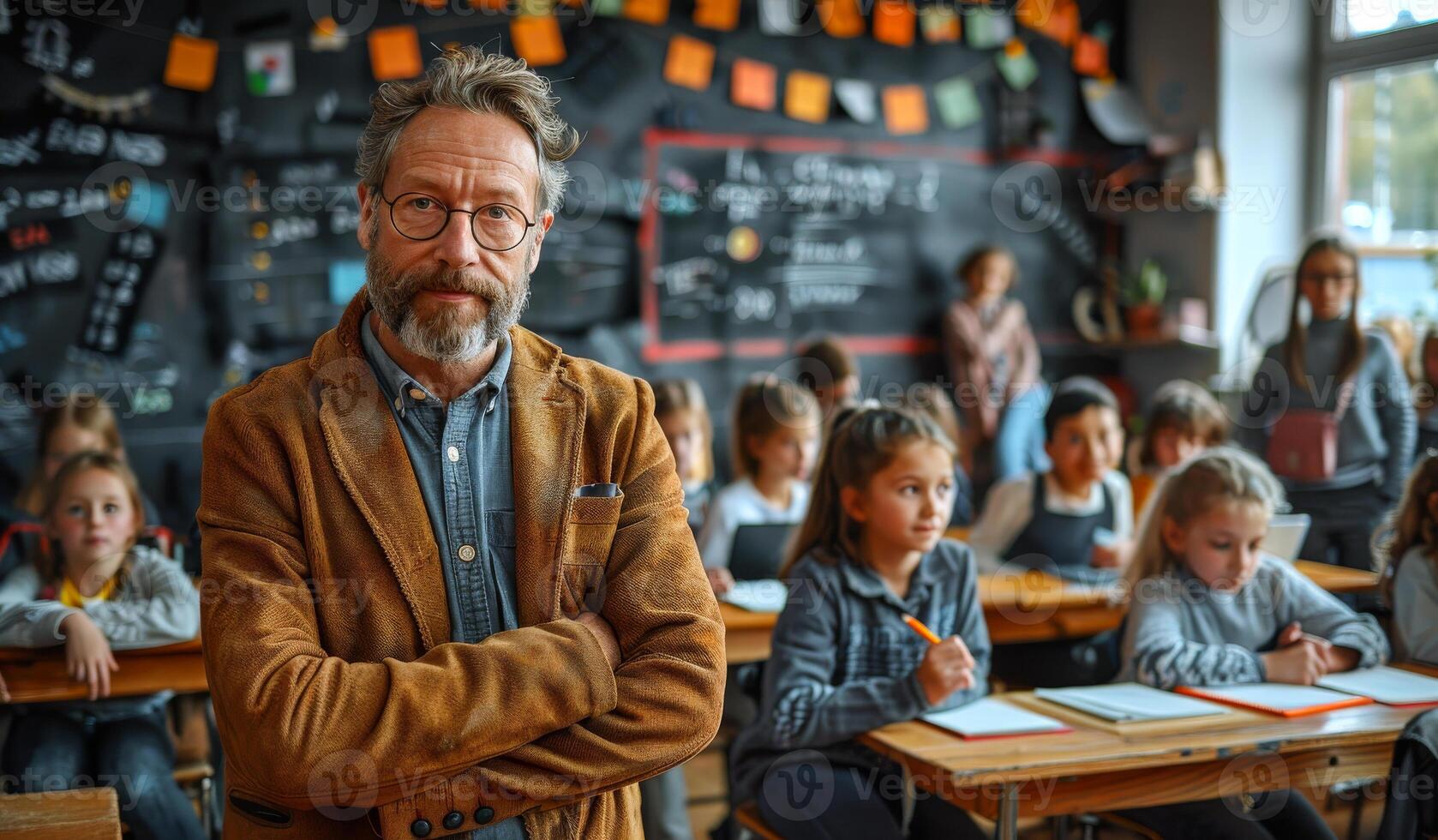 A teacher stands in front of a classroom full of students. The teacher is wearing a brown jacket and glasses. photo