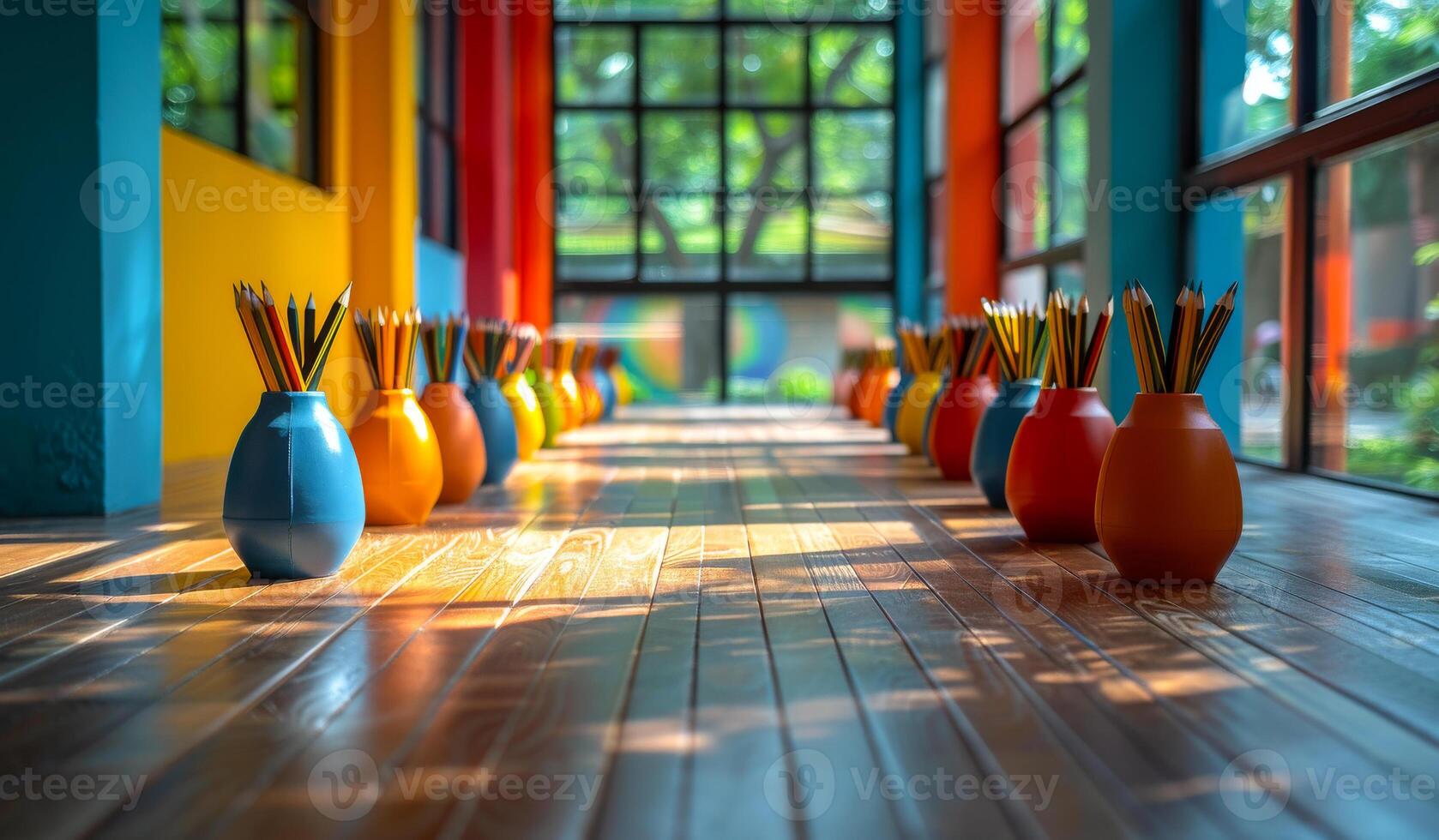 A row of colorful vases with pencils in them are lined up on a wooden floor photo