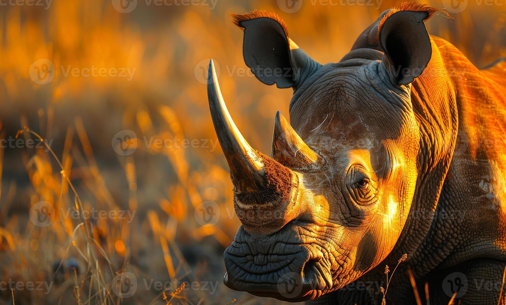 A rhino with a large horn is standing in a field of tall grass. The sun is shining brightly, casting a warm glow on the rhino's face. photo