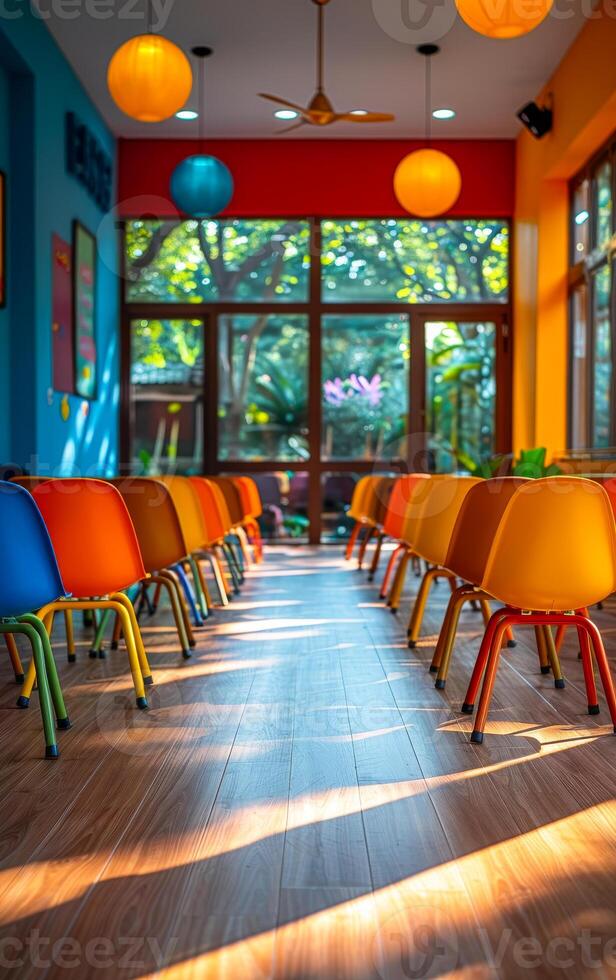 A room with many chairs and a few potted plants photo