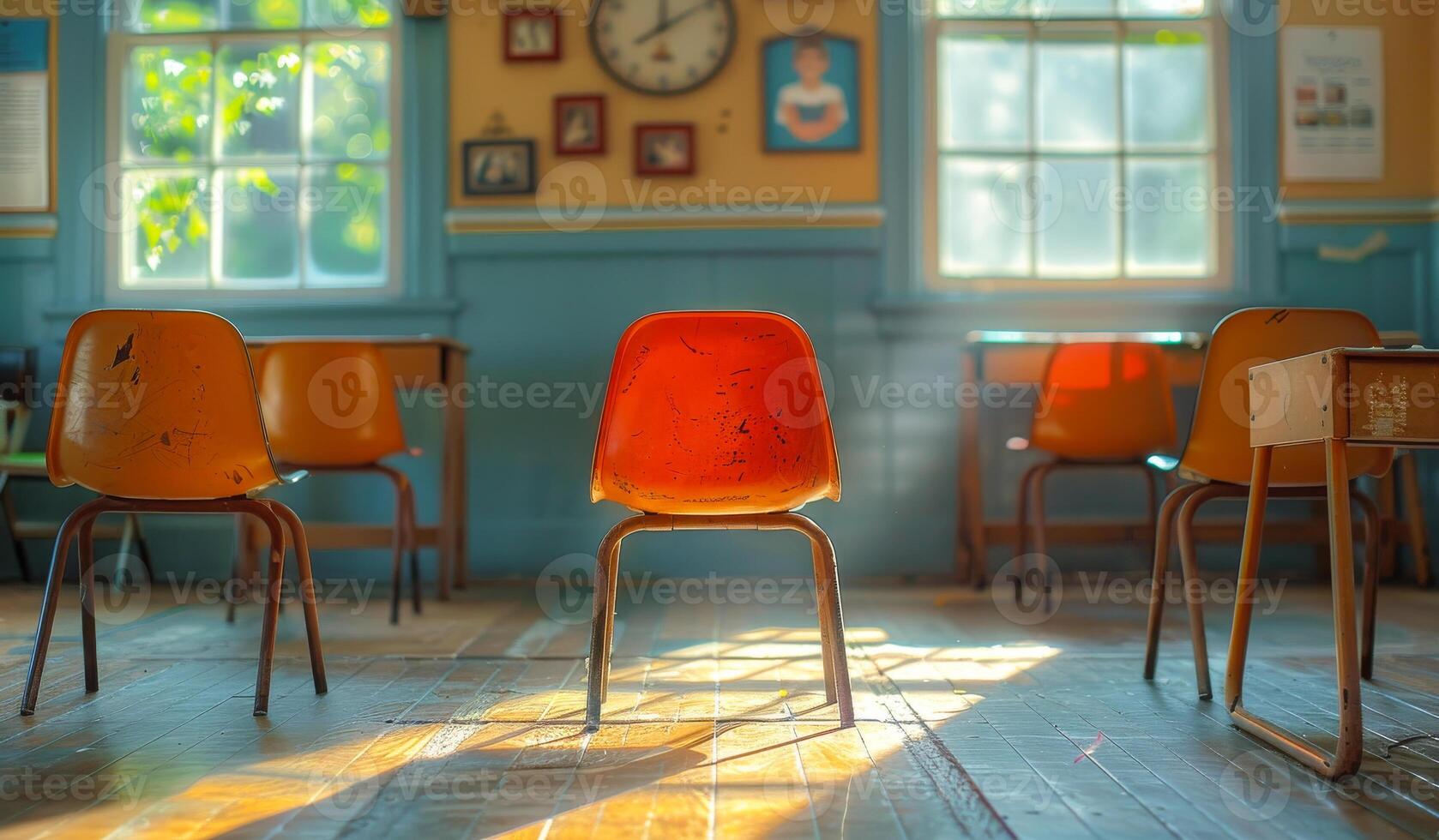 A classroom with three orange chairs and a clock on the wall. The chairs are empty and the room is bright and sunny photo