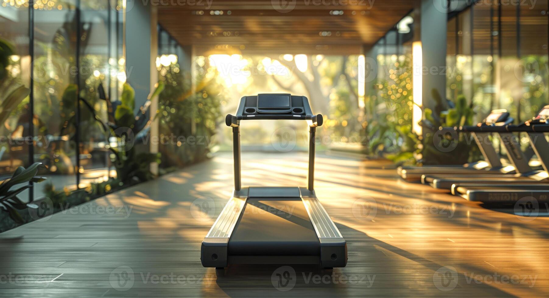 A treadmill is in a gym with a view of trees photo