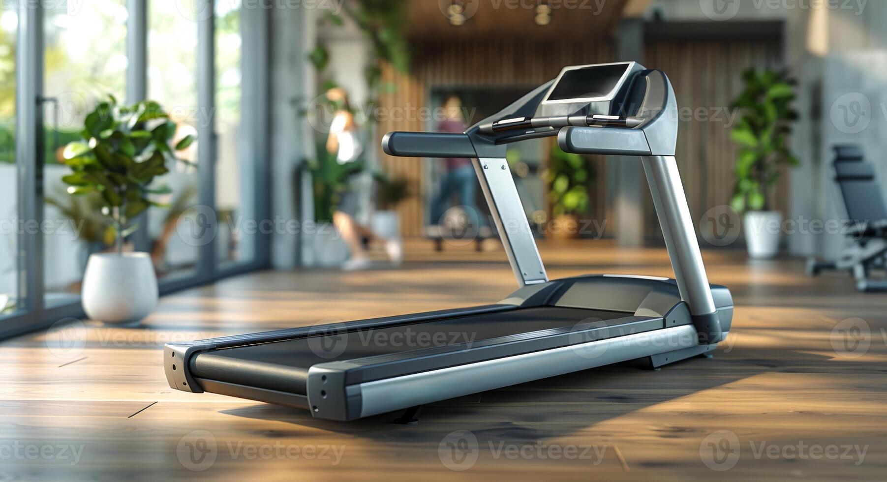 A treadmill is in a gym with a few potted plants. The room is bright and inviting, with a sense of calm and relaxation photo