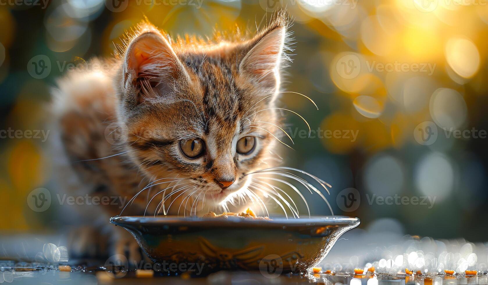 A kitten is eating from a bowl. The kitten is looking at the camera photo