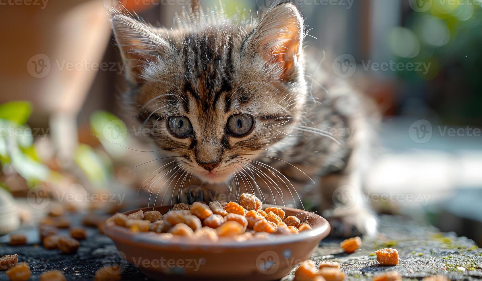 A kitten is eating from a bowl of food. The bowl is on a table and the kitten is looking up at the camera photo