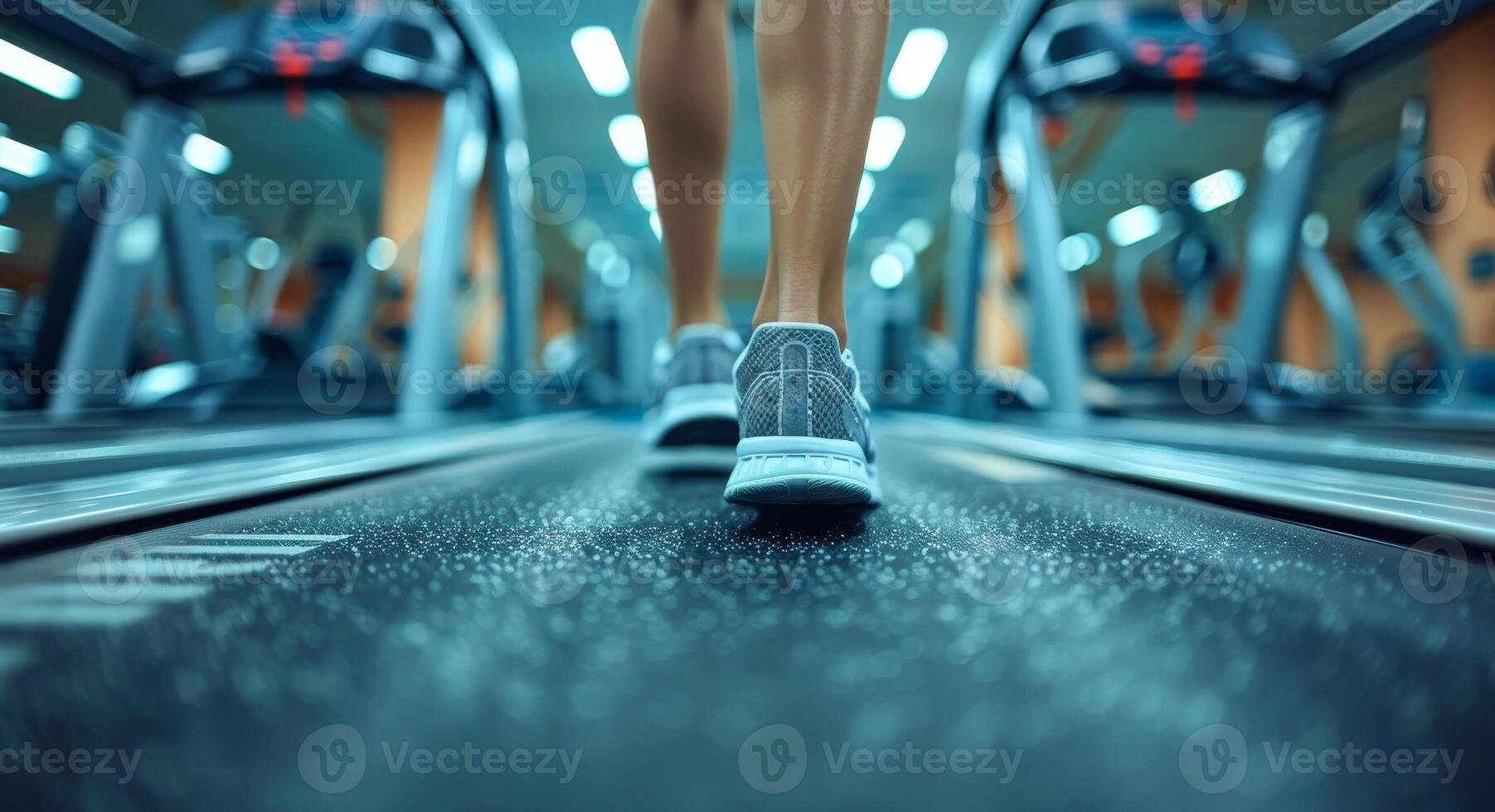 A person is running on a treadmill in a gym. Concept of determination and focus as the person works out photo