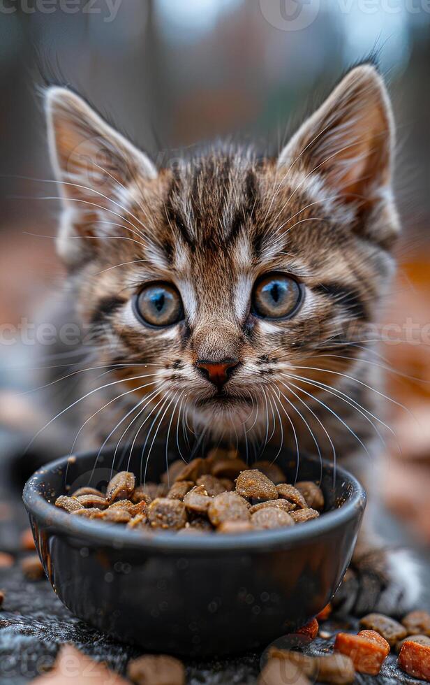 A kitten is eating food from a bowl. The bowl is black and the food is in the shape of small balls. photo