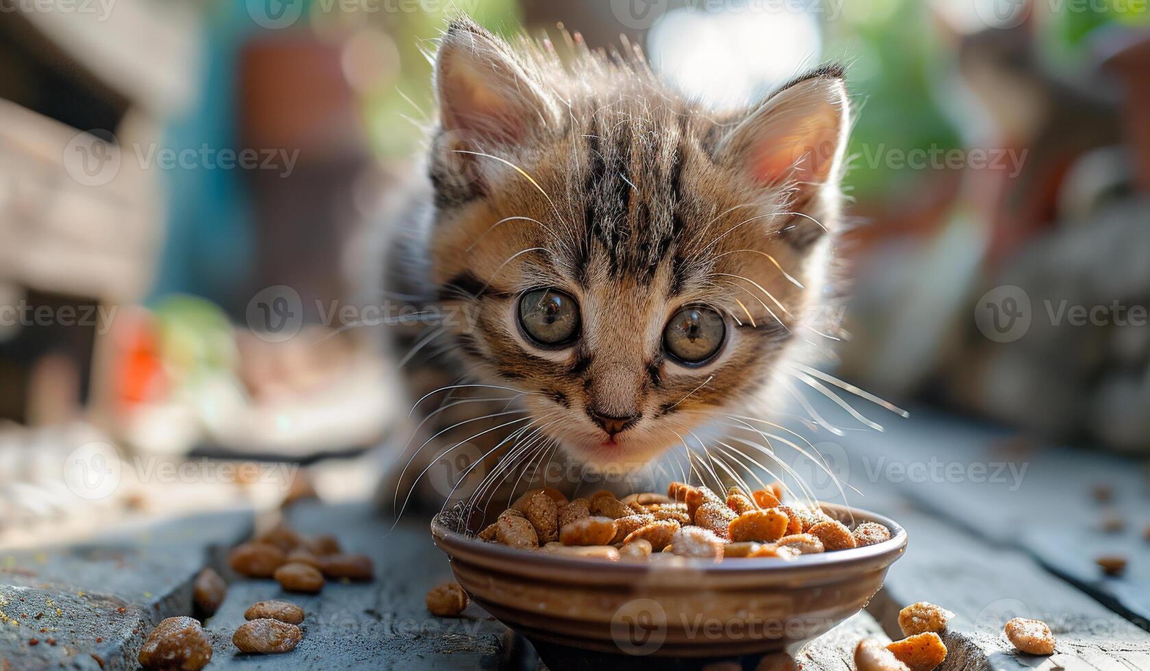 A kitten is eating from a bowl of food photo