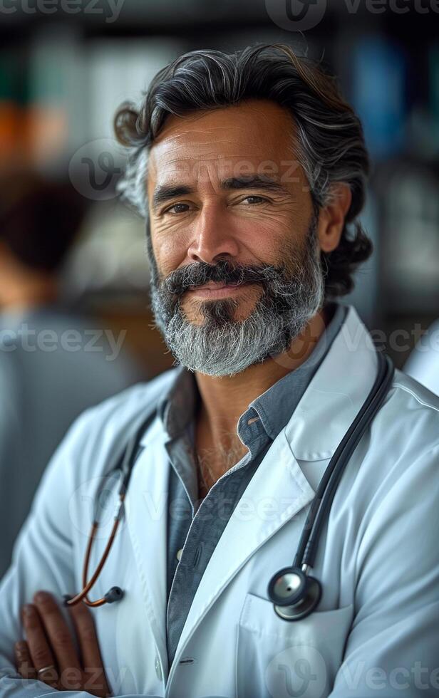 A man with a white coat and a stethoscope is smiling. He is a doctor. Concept of professionalism and confidence photo