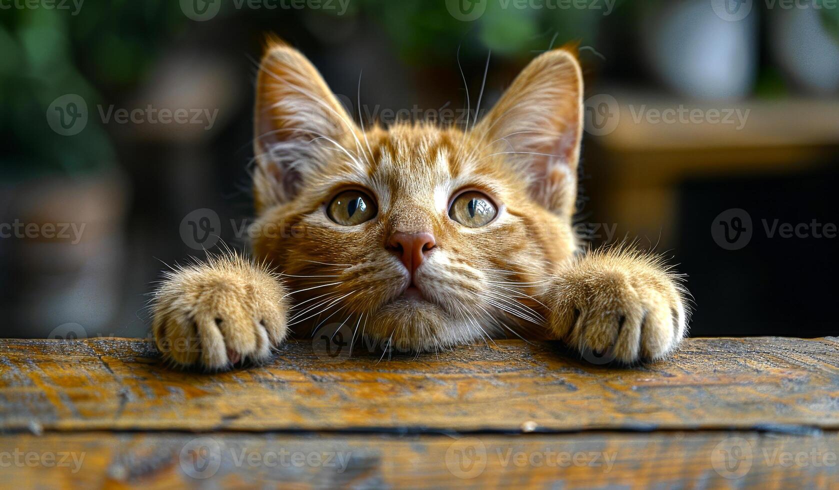 A cat is looking at the camera with its eyes wide open. The cat is orange and has long whiskers photo